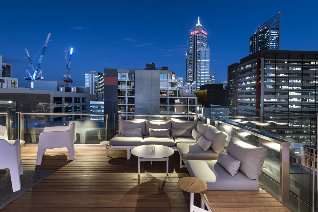 Rooftop view overlooking the city from The Melbourne Hotels bar Aurora