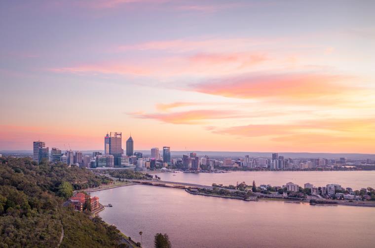 Perth city at sunrise overlooking the Swan River