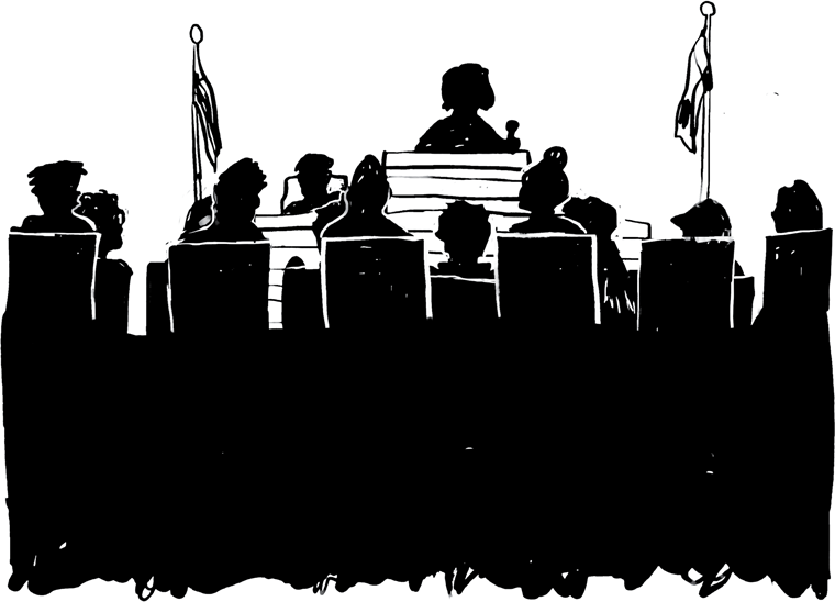 Drawing of court room from Criminal podcast