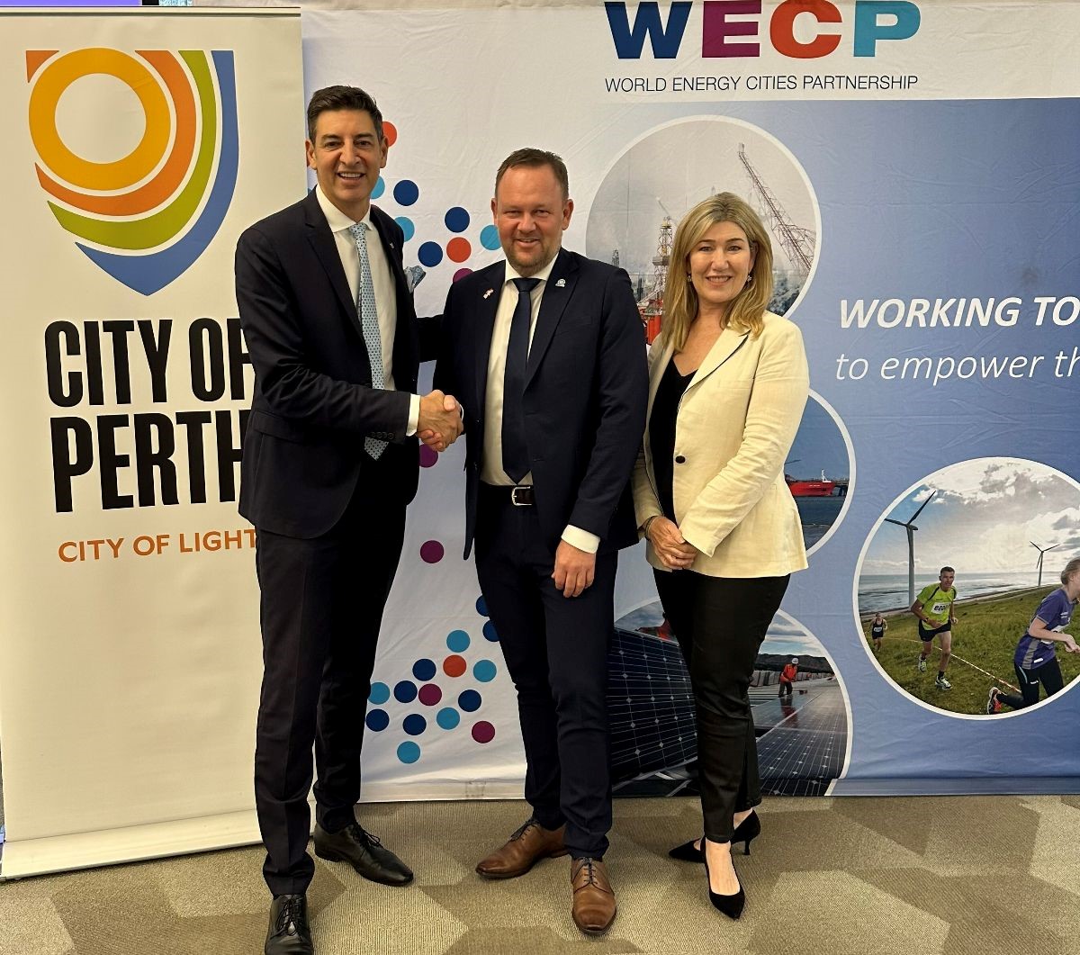 City of Perth Lord Mayor Basil Zempilas, WECP President Mayor Jesper Rasmussen from the City of Esbjerg, Denmark and City of Perth CEO Michelle Reynolds