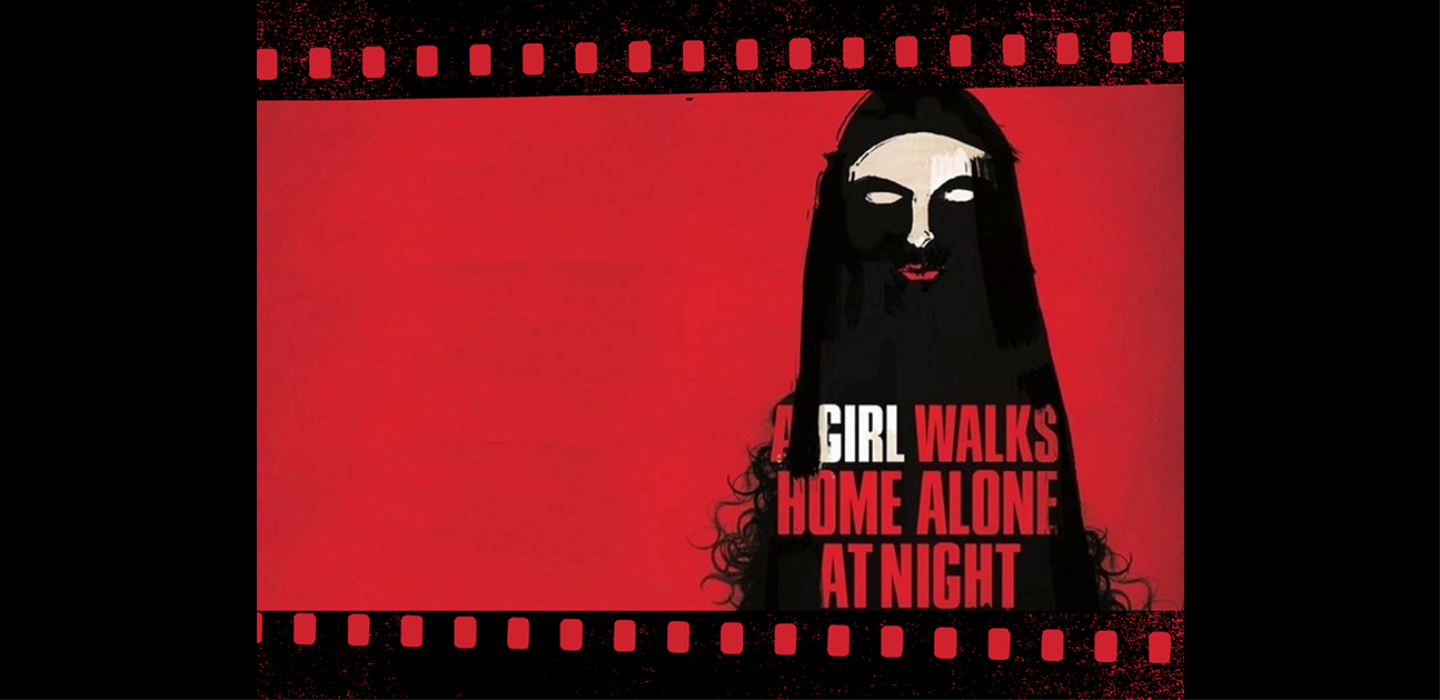 Spooky artwork figure from film A Girl Walks Home Alone At Night against crimson background.
