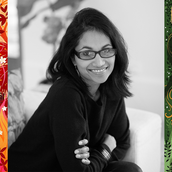 Portrait of author Shankari Chandran between the colourful covers of two of her books.