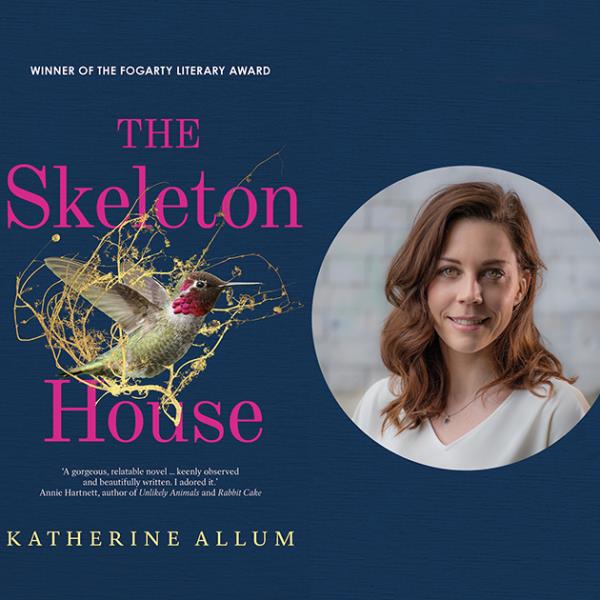 Cover of 'The Skeleton House by Katherine Allum, with circular head shot of the author. 