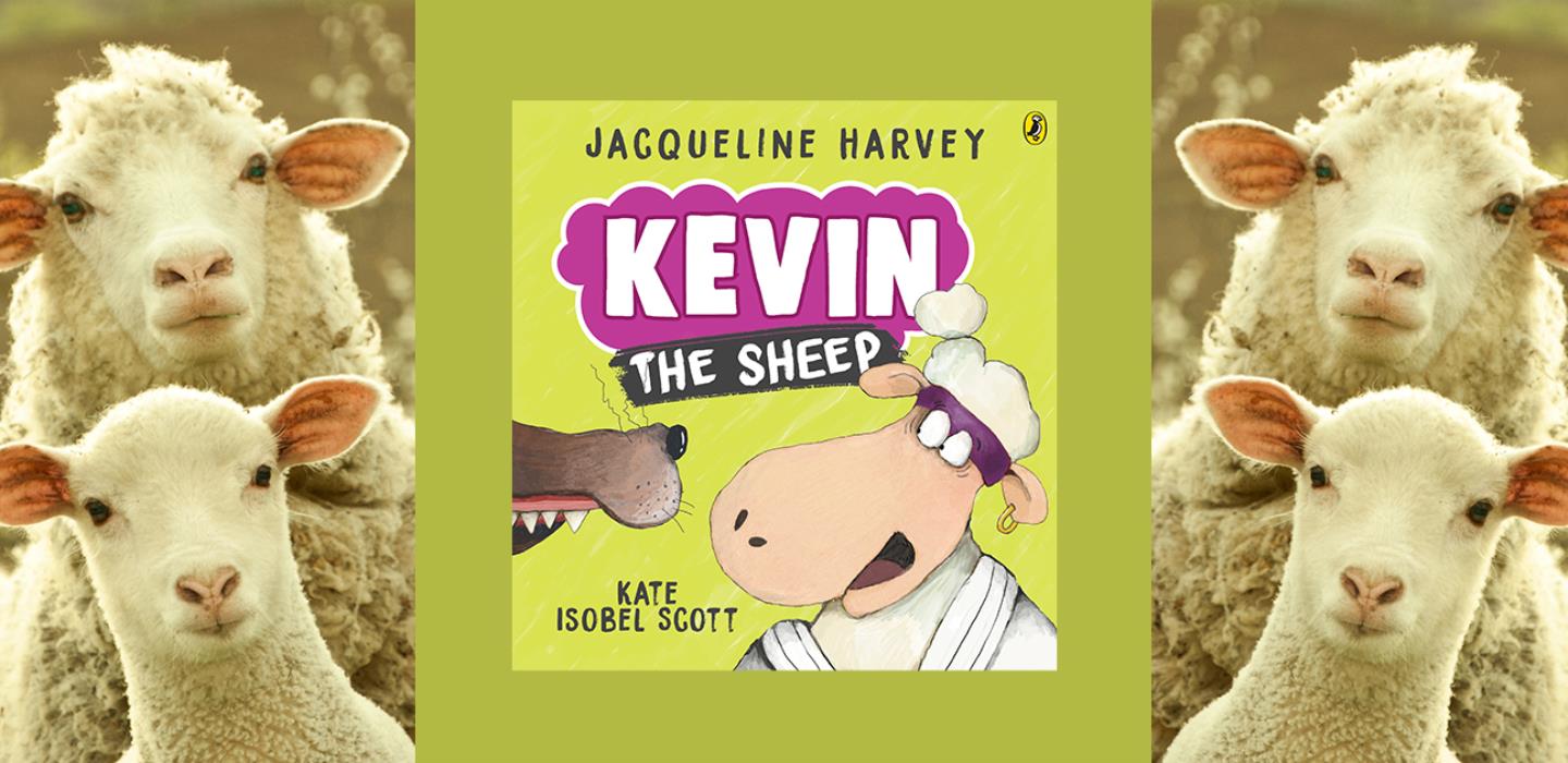 Cover of ' Kevin the Sheep' by Jacqueline Harvey bordered by real-life sheep.