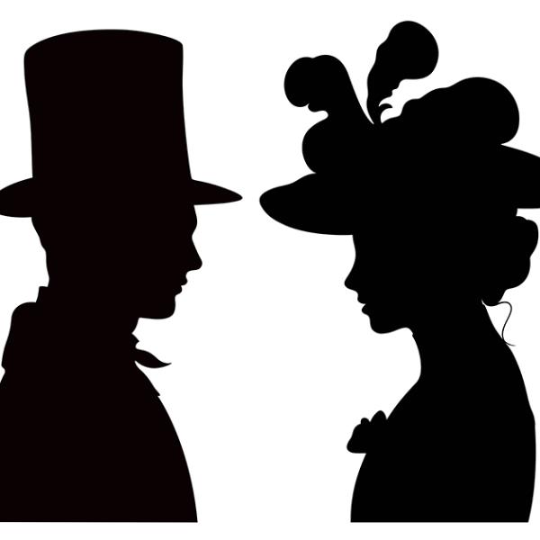 Silhouette of Victorian man and woman facing each other