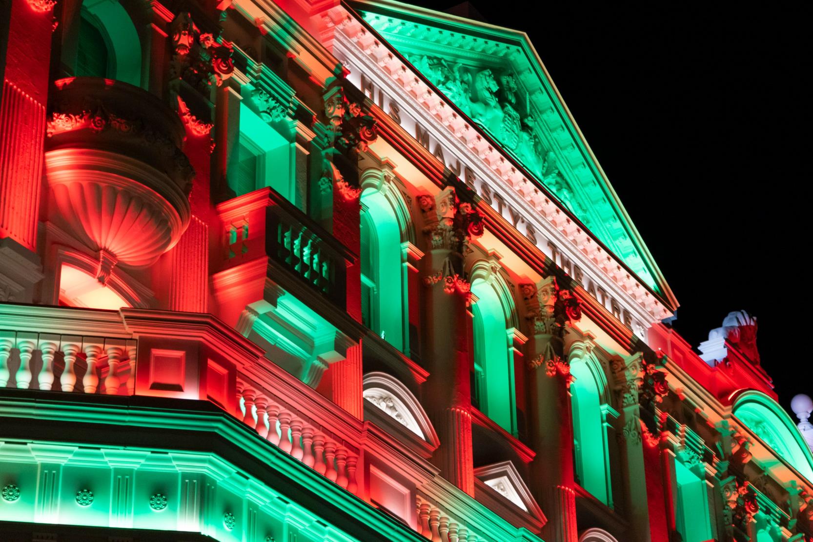 His Majesty's Theatre lit in Christmas colours