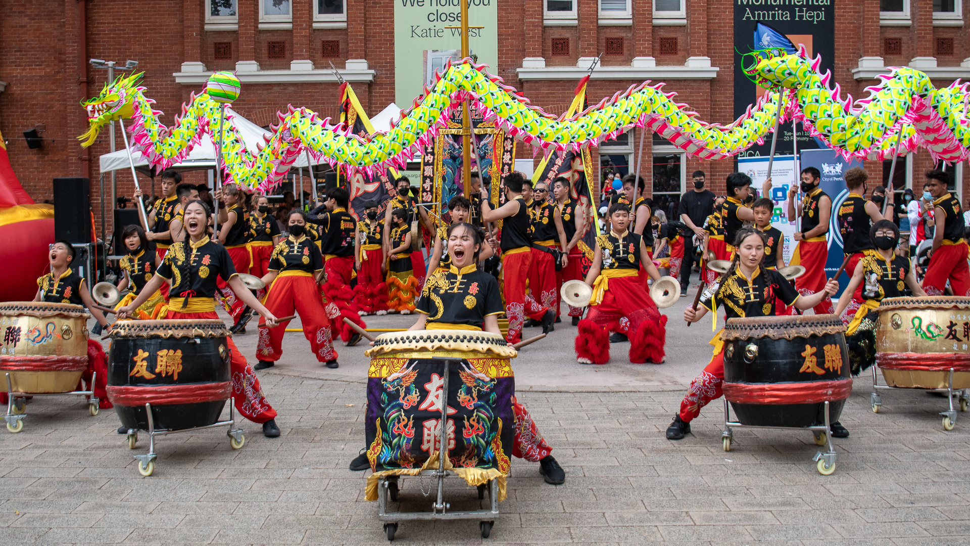 Drummers and performers at a Chinese New Year celebration
