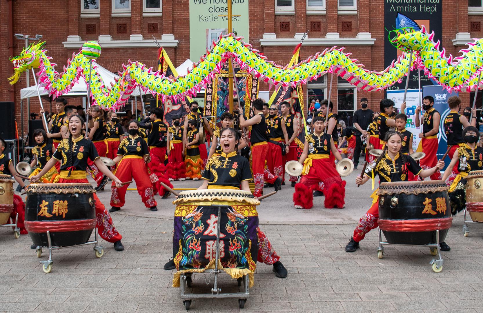 Drummers and performers at a Chinese New Year celebration