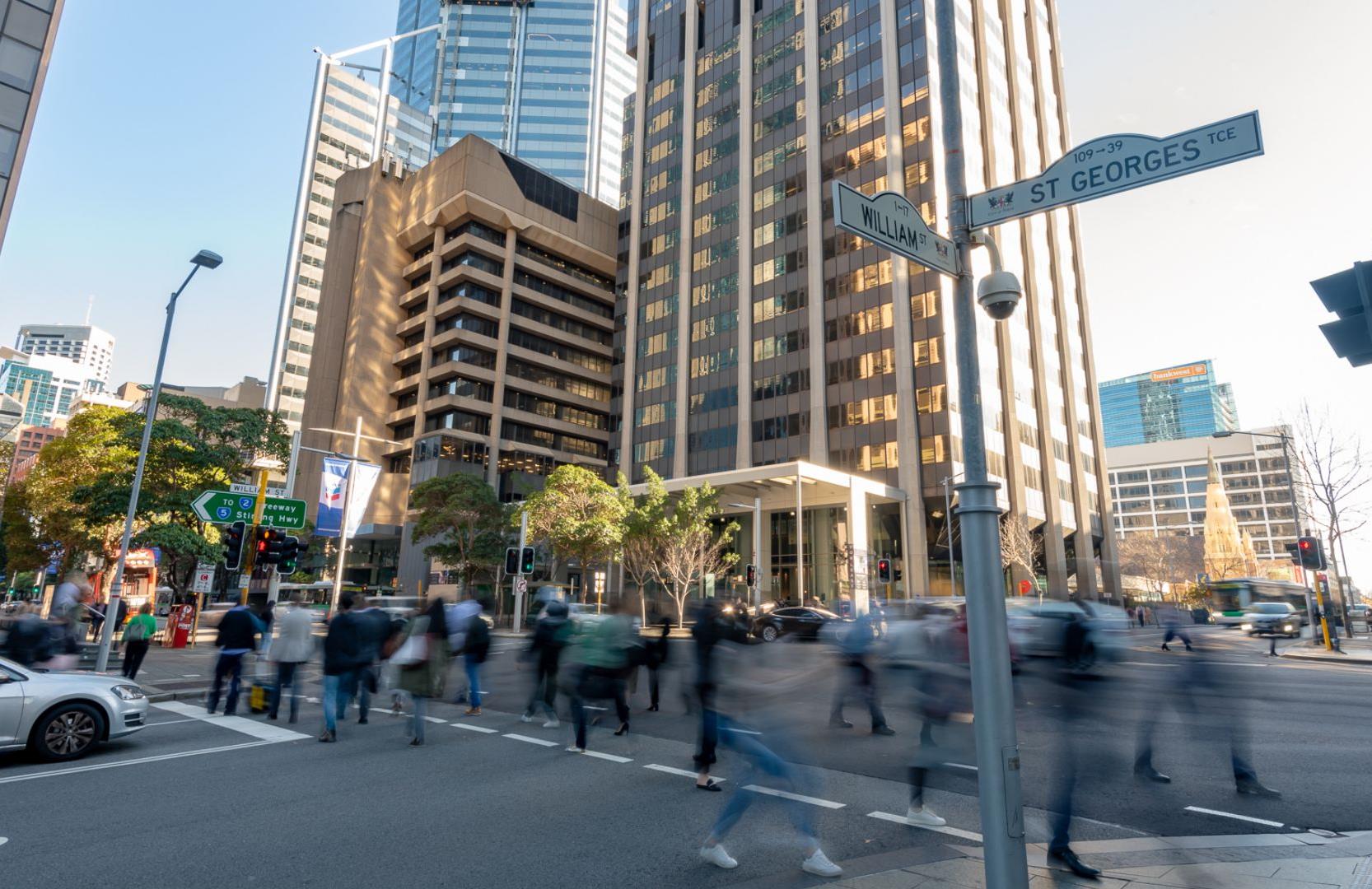 Pedestrians crossing at St Georges Terrace and William Street