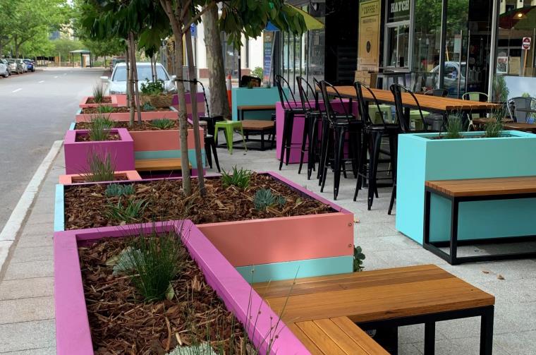 Parklet in East Perth with colourful chairs and tables