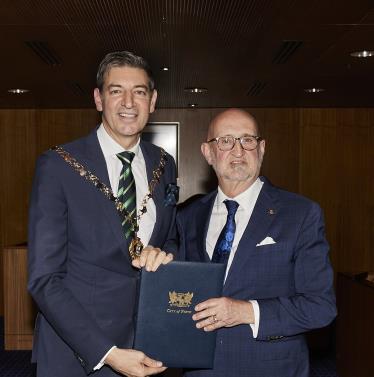 Newly elected Deputy Lord Mayor Clyde Bevan with Lord Mayor Basil Zempilas 25 October 2023