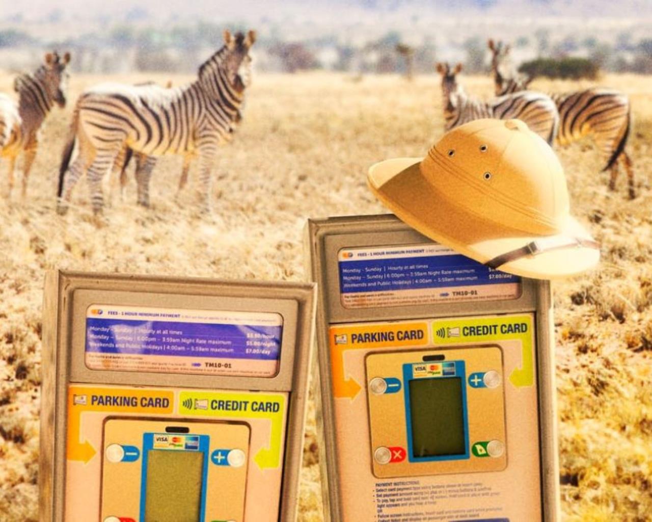 Composite image of parking meters on Safari in Africa for new parking campaign