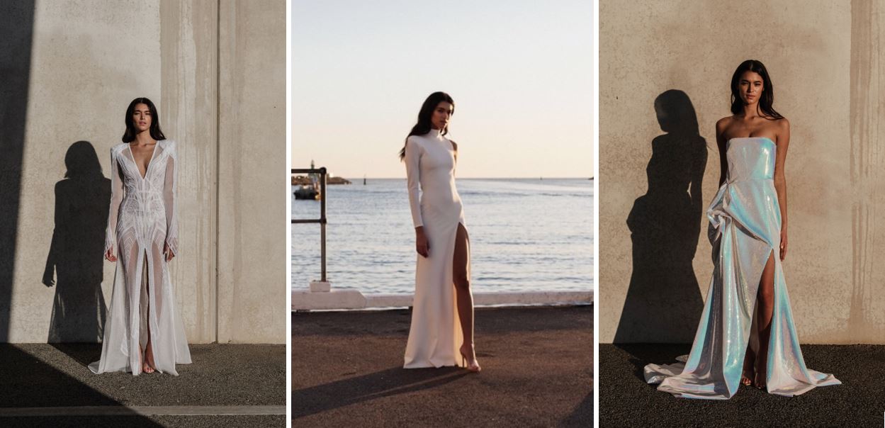 Three images side by side: woman in white gown in front of wall; woman in white dress in front of ocean; woman in metallic dress in front of wall