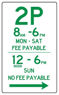 2P fee payable Mon to Sun street sign