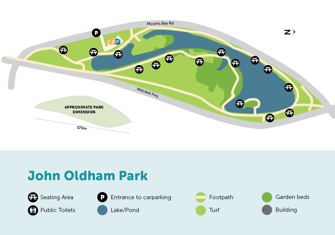 Digital map of John Oldham Park with legend