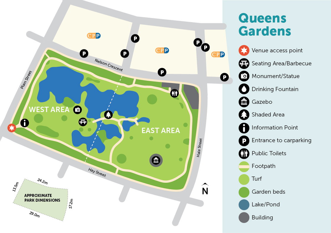 Digital map of Queens Gardens with legend