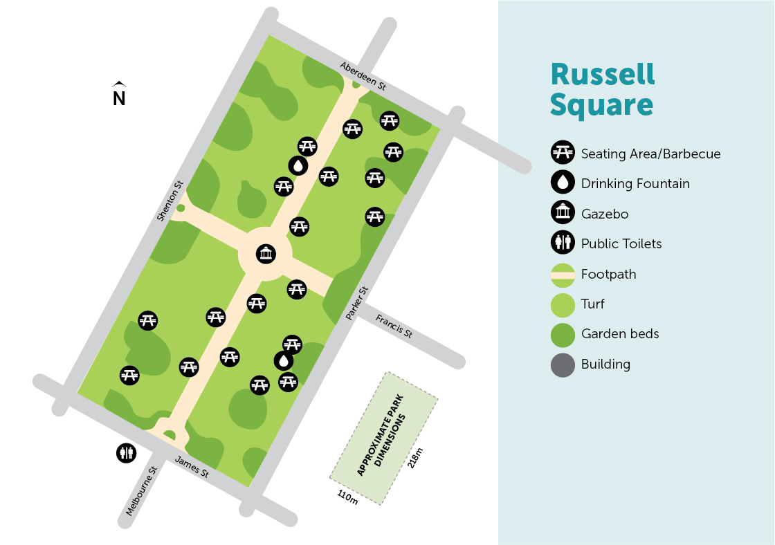 Digital map of Russell Square with legend