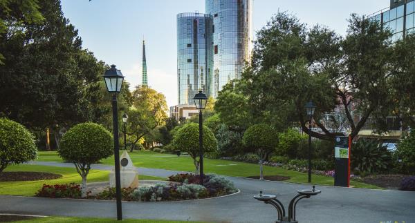 Picture of Stirling Gardens with flower beds and the Ritz Carlton in the background
