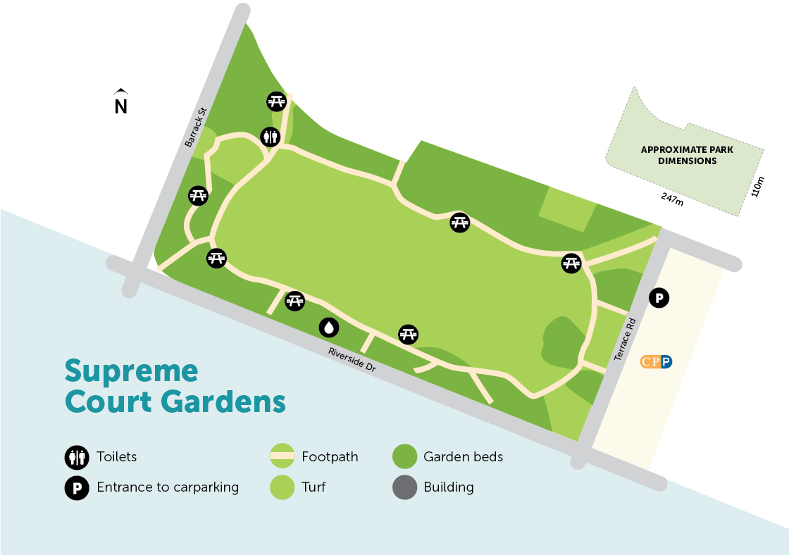 Digital map of Supreme Court Gardens with legend