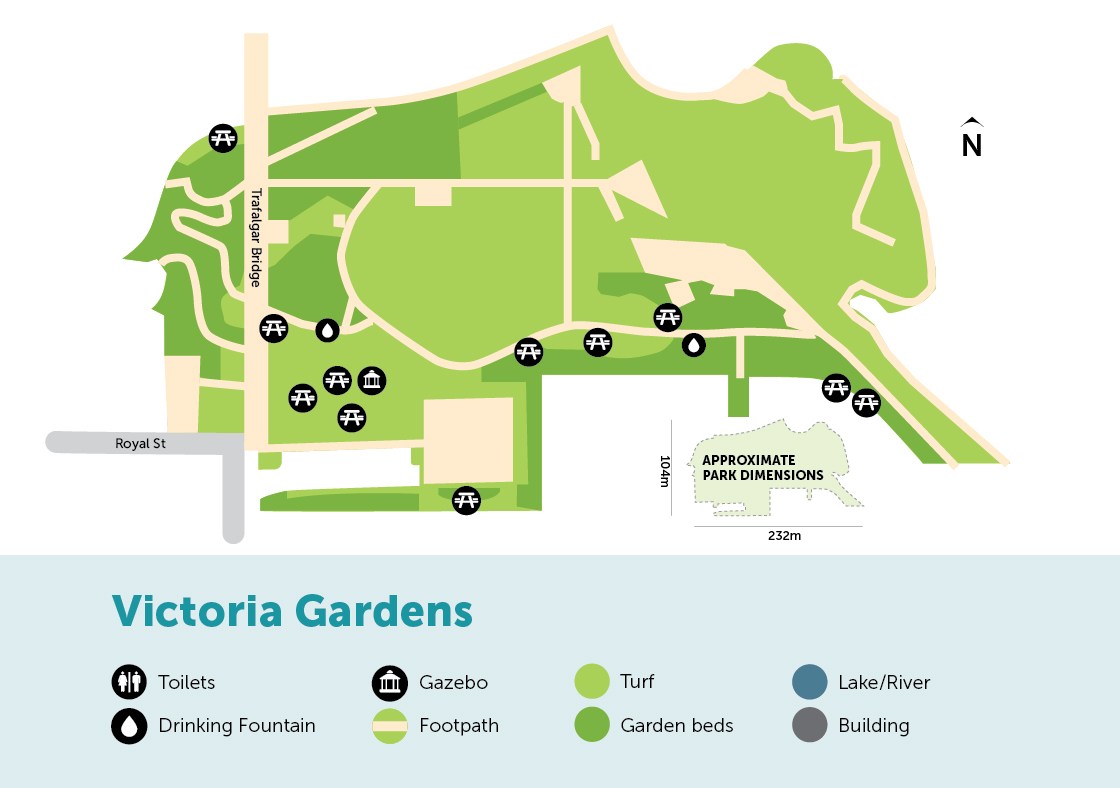Digital map of Victoria Gardens with legend