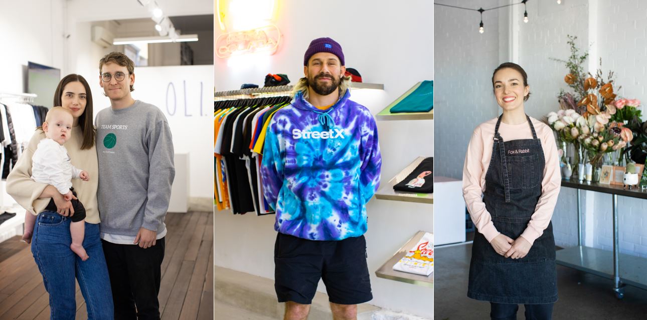 Three images side by side: Owners of Oli, Street X and Fox and Rabbit in their stores