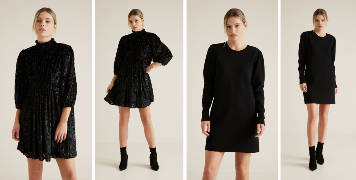 Four images side by side: Two images of lady wearing black Ocelot Metallic Dress and two of lady wearing Milano Knit Dress in black