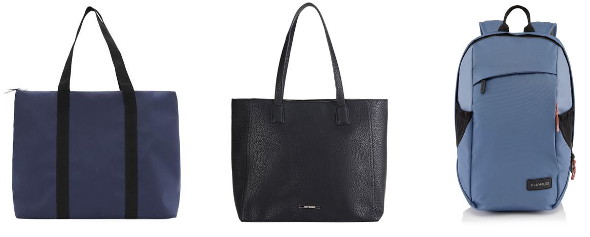 Three images lined up: Navy tote bag, black tote bag, light blue backpack