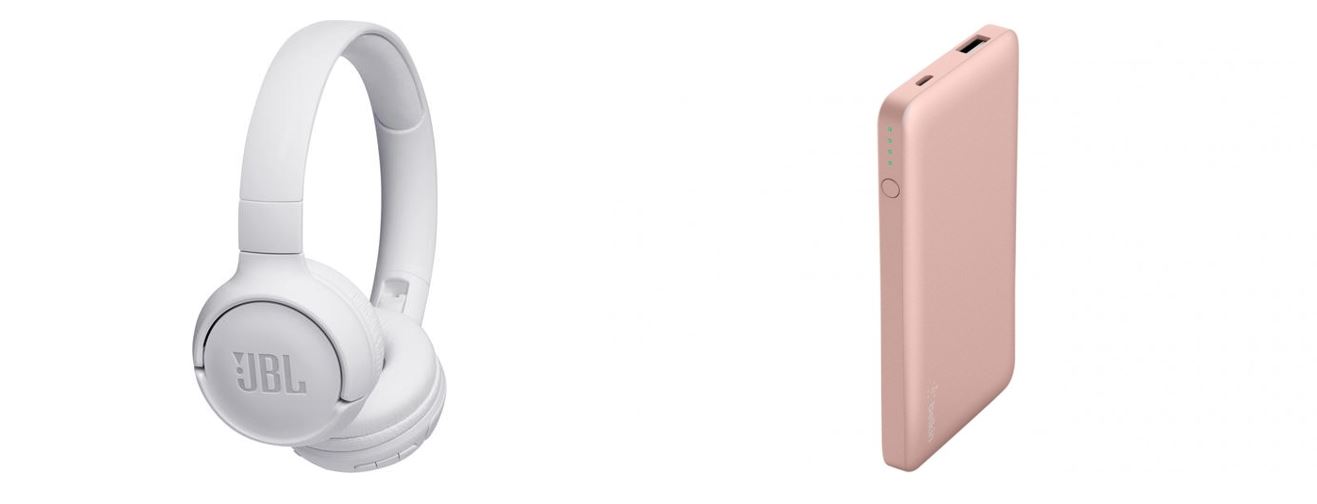 Two photos side by side: White headphones and rose gold power bank