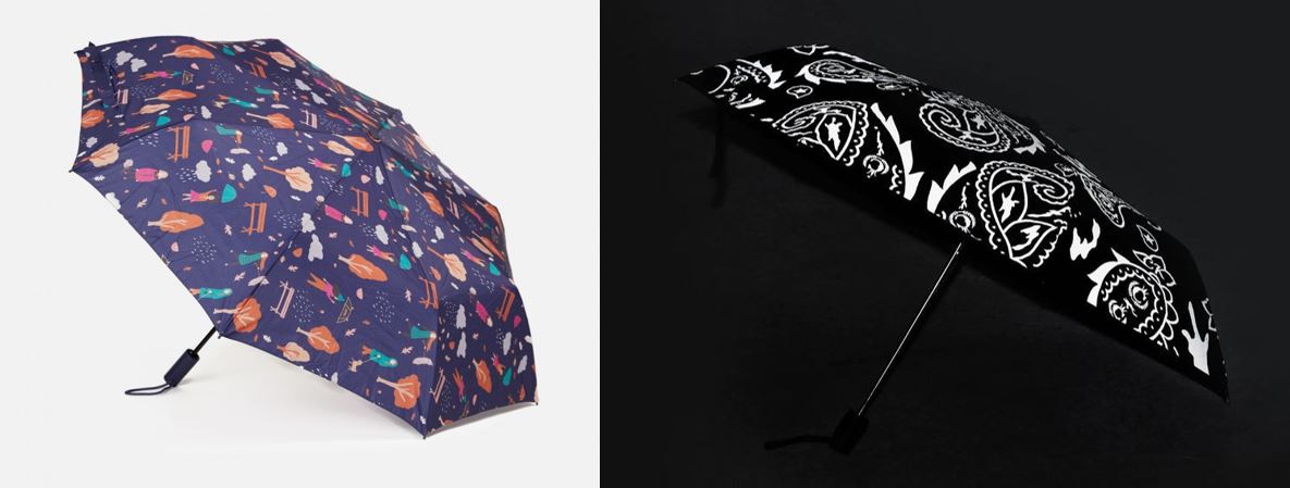 Two images side by side: purple umbrella with graphics and black and white umbrella with graphics