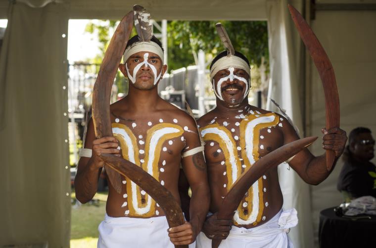 Aboriginal men with boomerangs