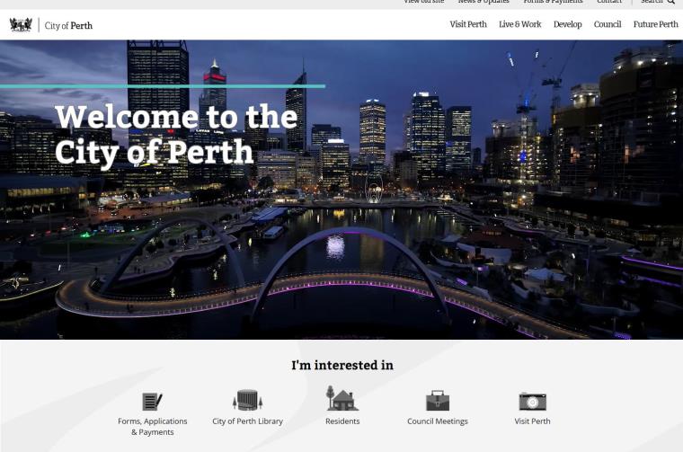 New City of Perth website. Screenshot of homepage