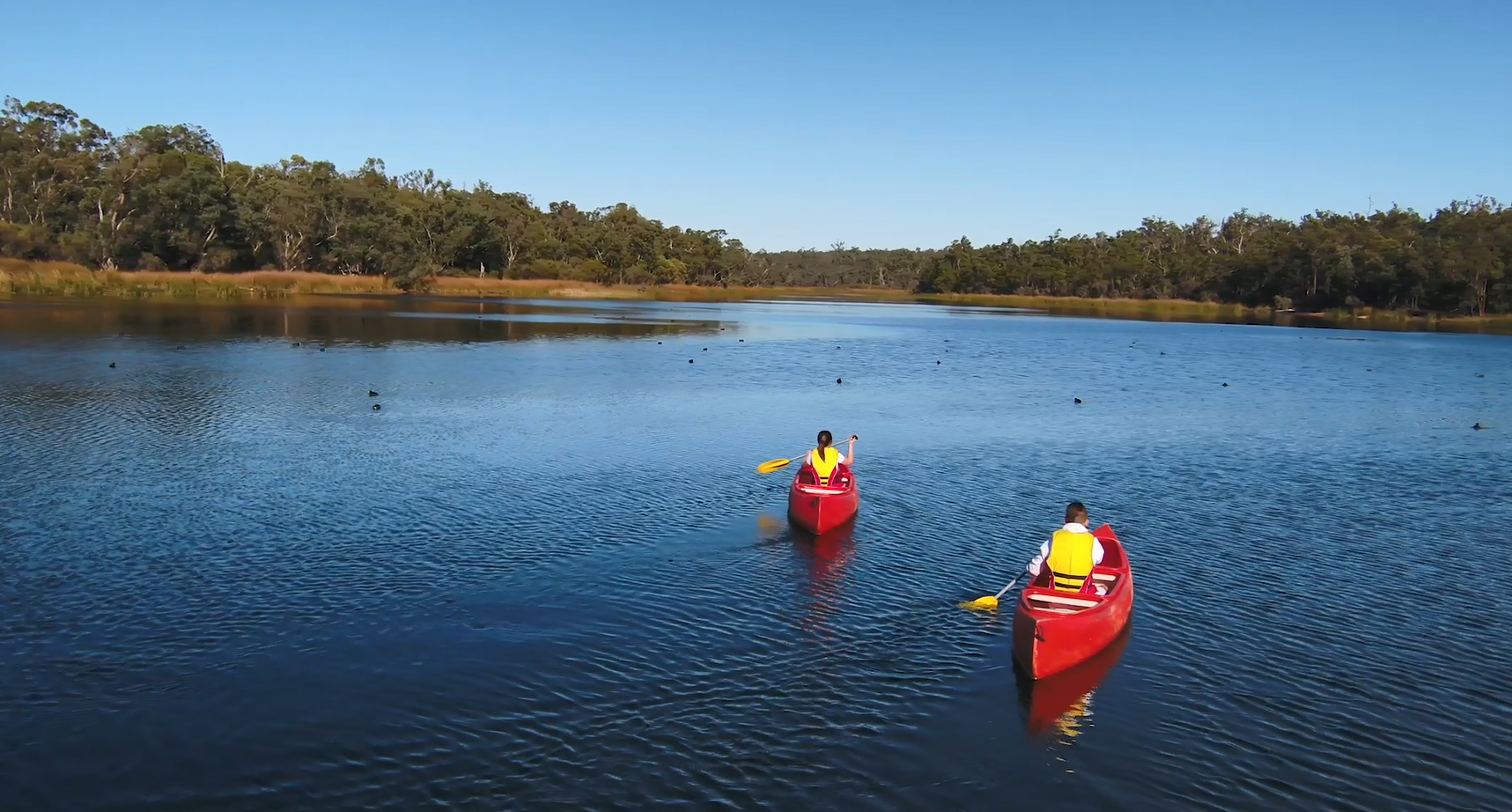 People canoeing on Lake Leschenaultia in the Perth hills