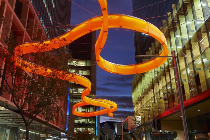 Connectus sculpture suspended over laneway