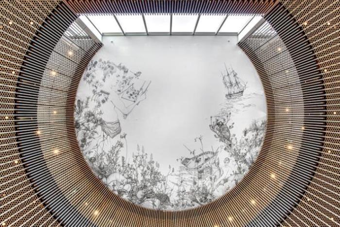 Circular artwork 'Delight and Hurt' on the ceiling of the City of Perth Library