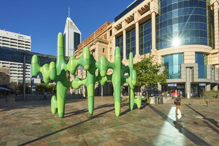 Abstract green sculpture, 'Grow Your Own' in Forrest Place 