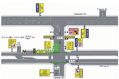 Map of road closure of James street and Stirling street intersection