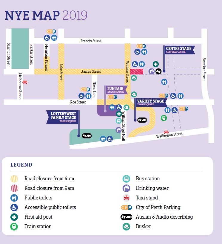 Map of road closures and key information for the New Years Eve event in Northbridge area