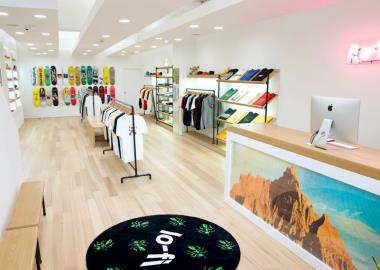 Interior of Lo Fi store with shirts and skateboards on display