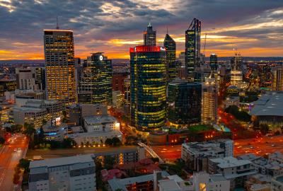 cityscape sunrise drone image