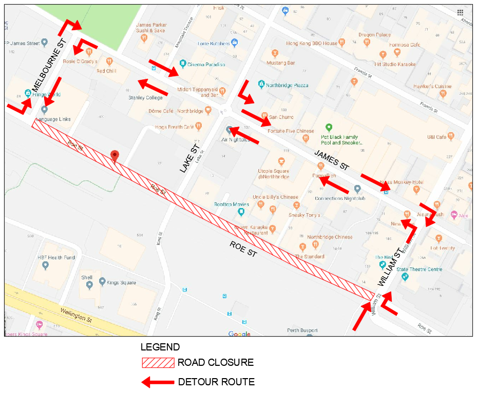 Roe Street Road Closure Map November 2018