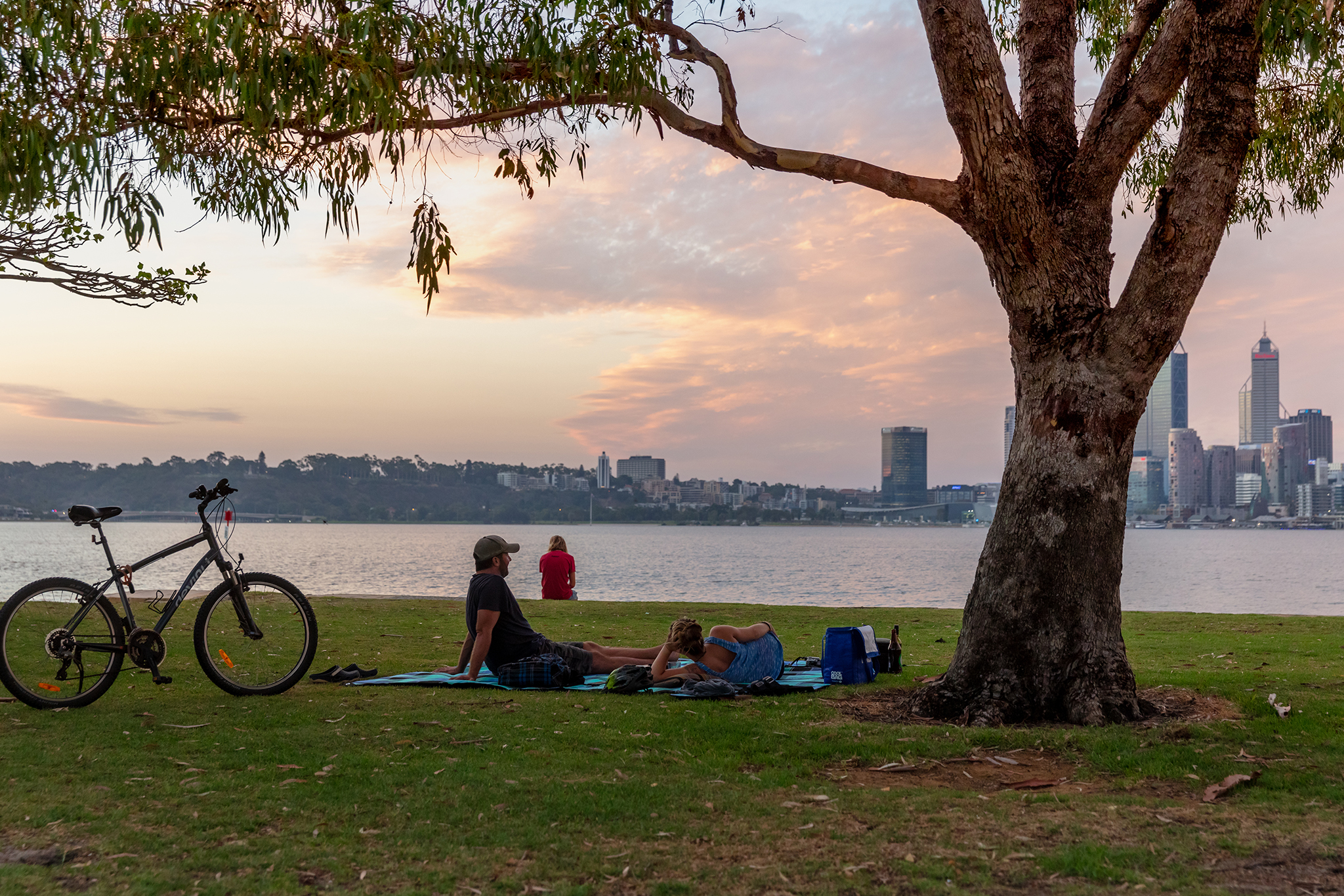 Person on picnic rug with bike next to them looking at the city skyline from South Perth foreshore