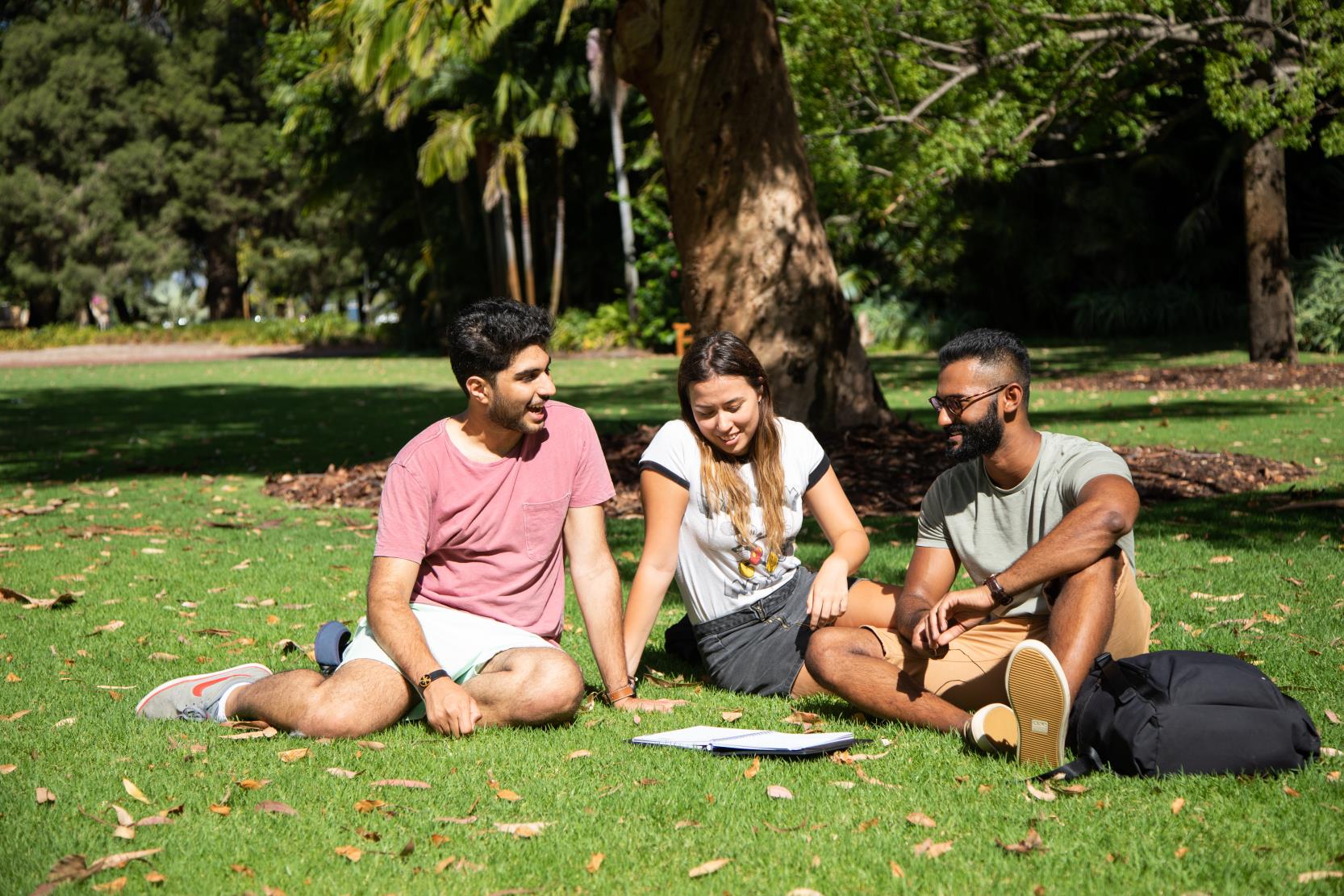 Two male students and a female student sit on the grass looking at a book