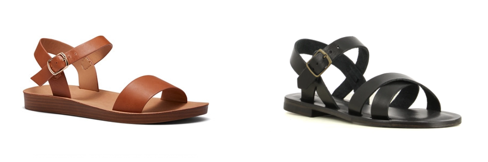 Two images side by side - tan sandals; black sandals