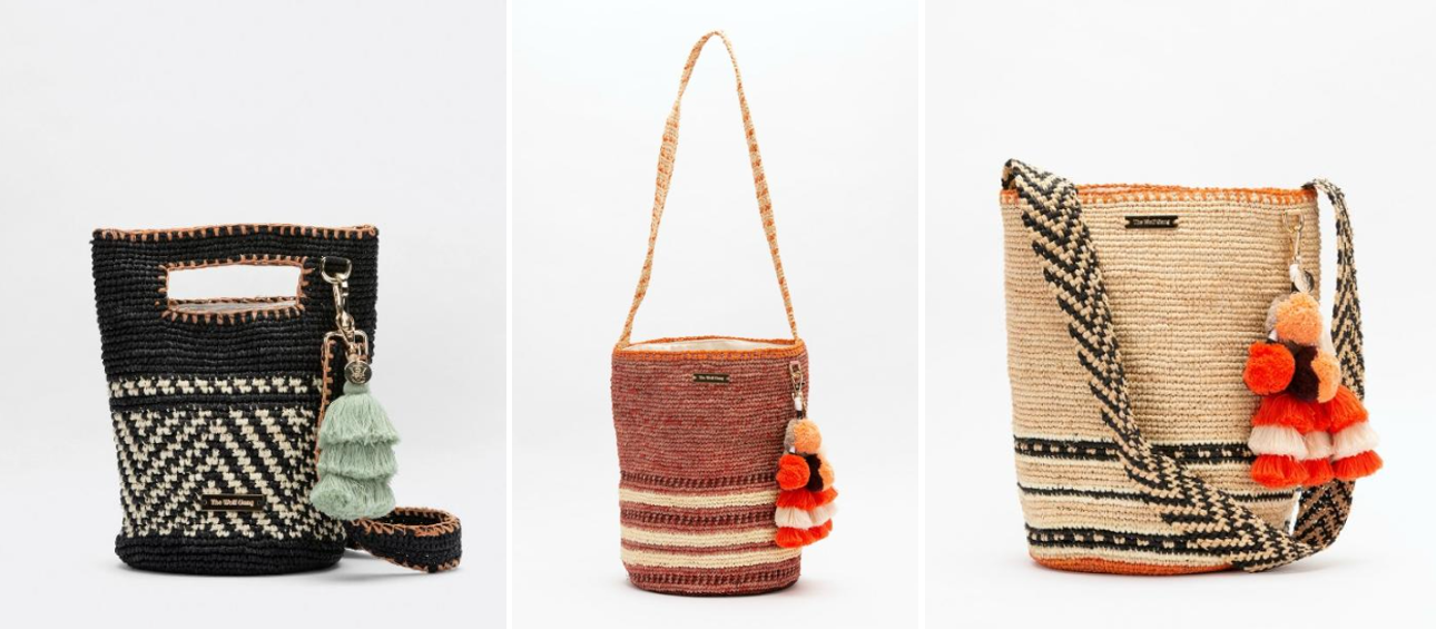 Three images side by side: black woven tote bag; dusty pink woven tote bag; tan woven tote bag