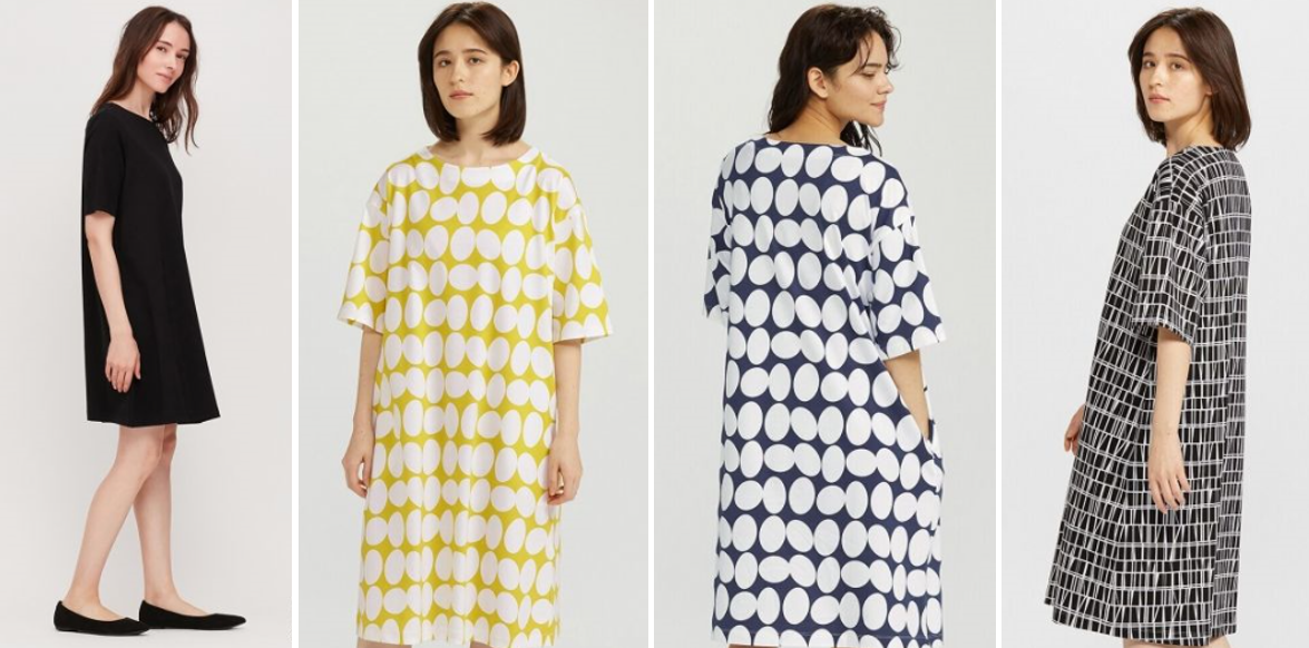 Four images side by side: lady wearing black dress; lady wearing t-shirt dress with abstract circle pattern in yellow; lady wearing t-shirt dress with abstract circle pattern in black; lady wearing t-shirt dress with abstract line pattern in black
